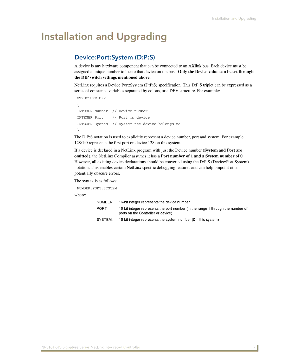 AMX NI-3101-SIG manual DevicePortSystem DPS, Where, Structure DEV, Numberportsystem 