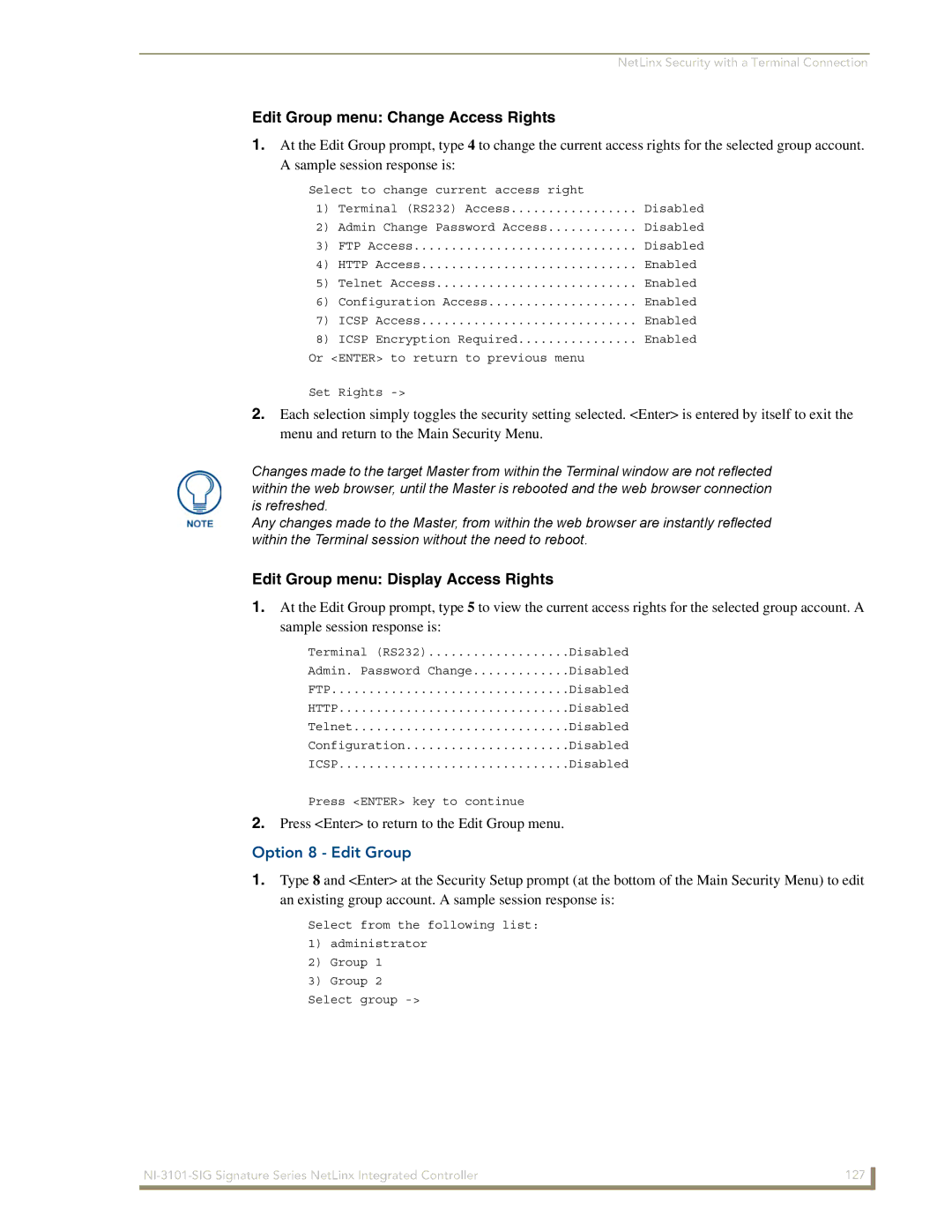 AMX NI-3101-SIG manual Option 8 Edit Group, Or Enter to return to previous menu Set Rights 