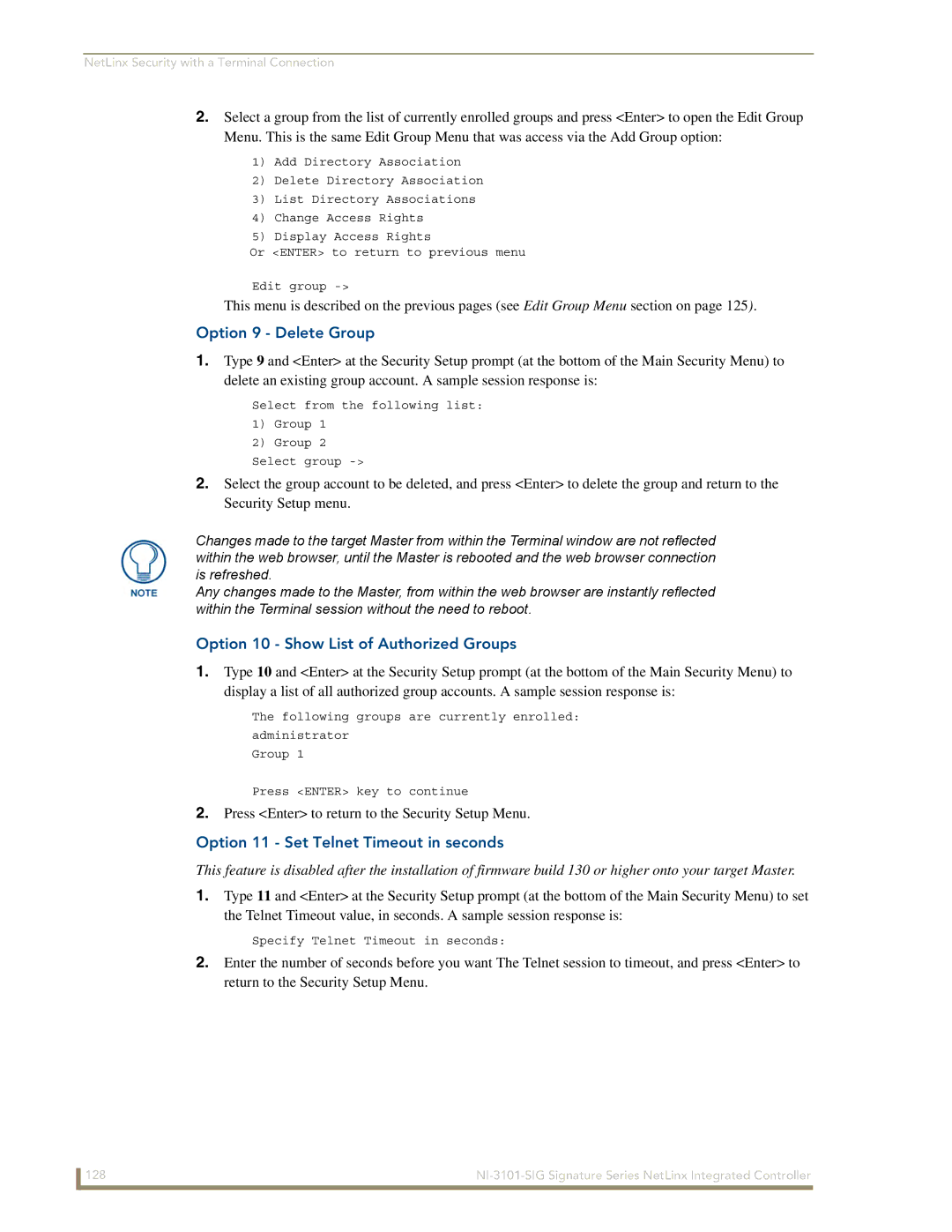 AMX NI-3101-SIG Option 9 Delete Group, Option 10 Show List of Authorized Groups, Option 11 Set Telnet Timeout in seconds 