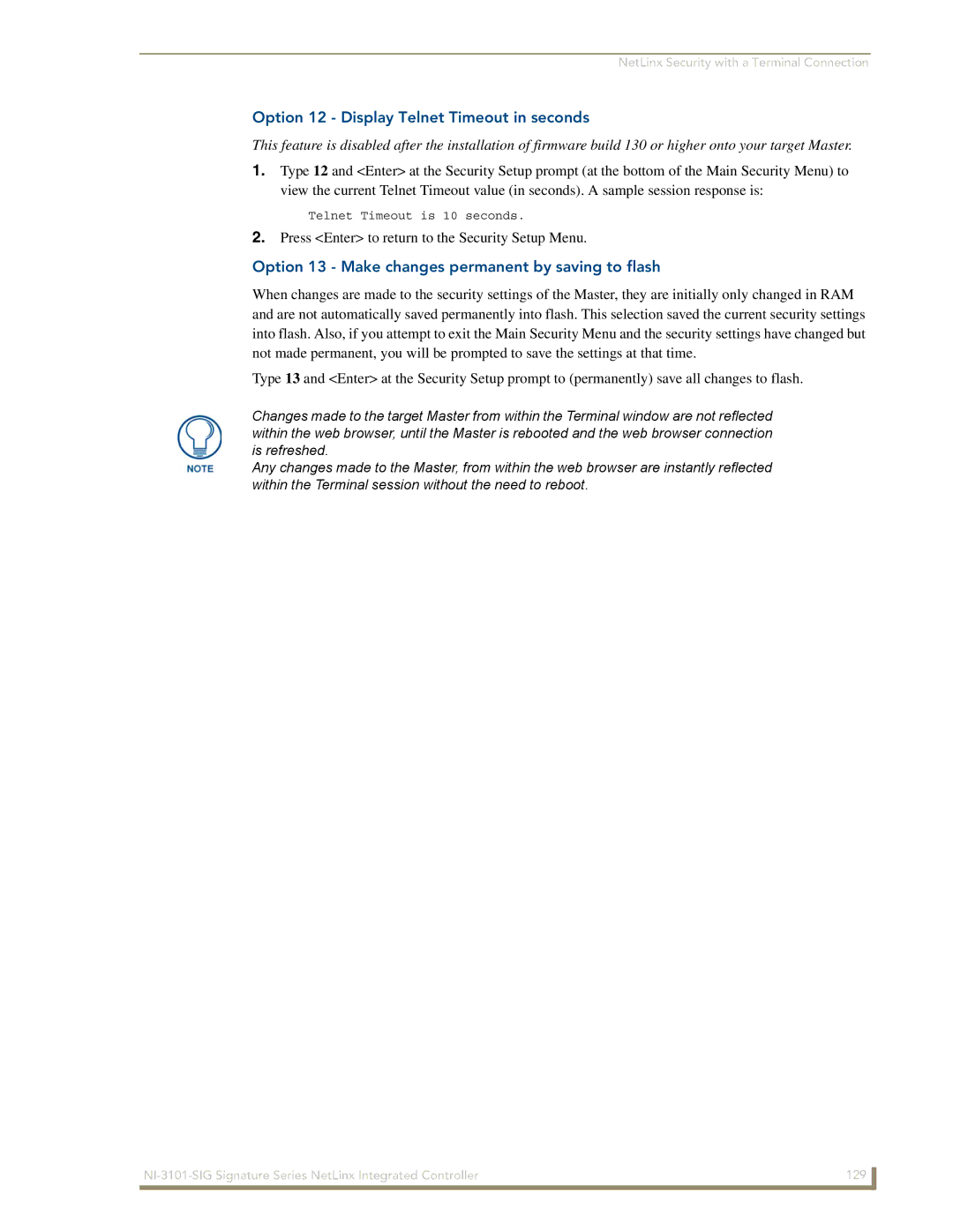 AMX NI-3101-SIG manual Option 12 Display Telnet Timeout in seconds, Option 13 Make changes permanent by saving to flash 