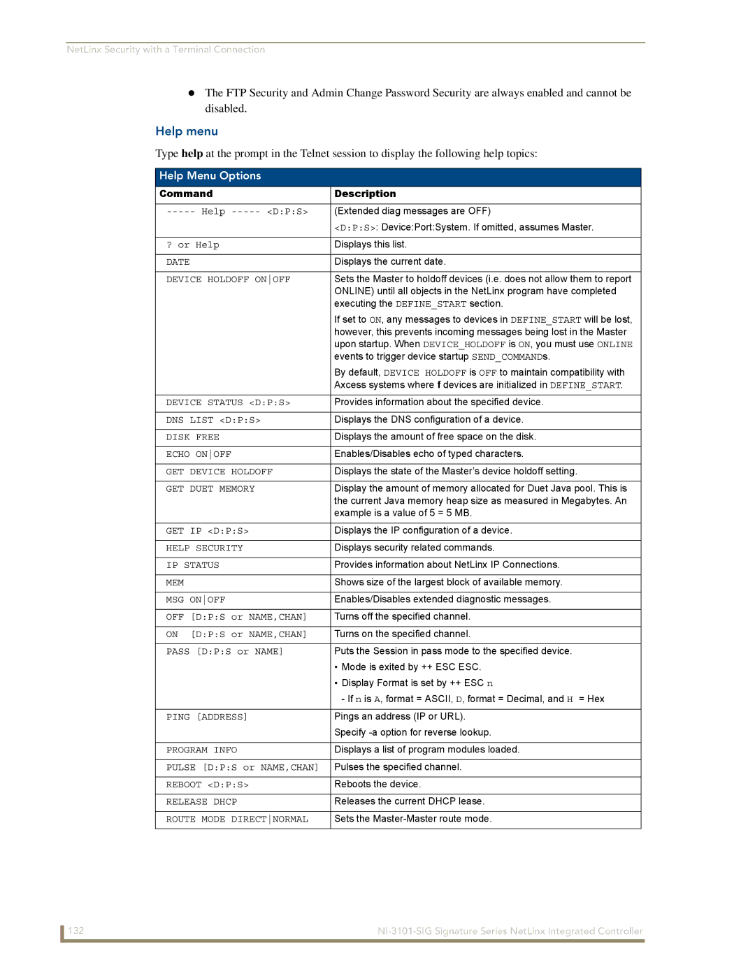 AMX NI-3101-SIG manual Help menu, Help Menu Options 