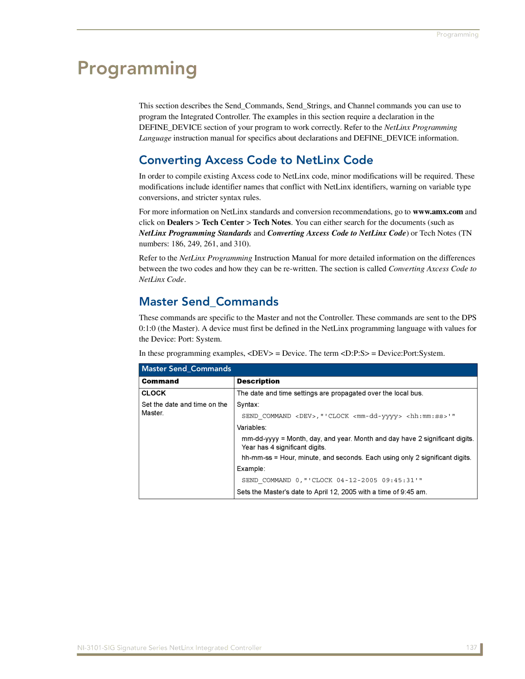 AMX NI-3101-SIG manual Converting Axcess Code to NetLinx Code, Master SendCommands, Clock 