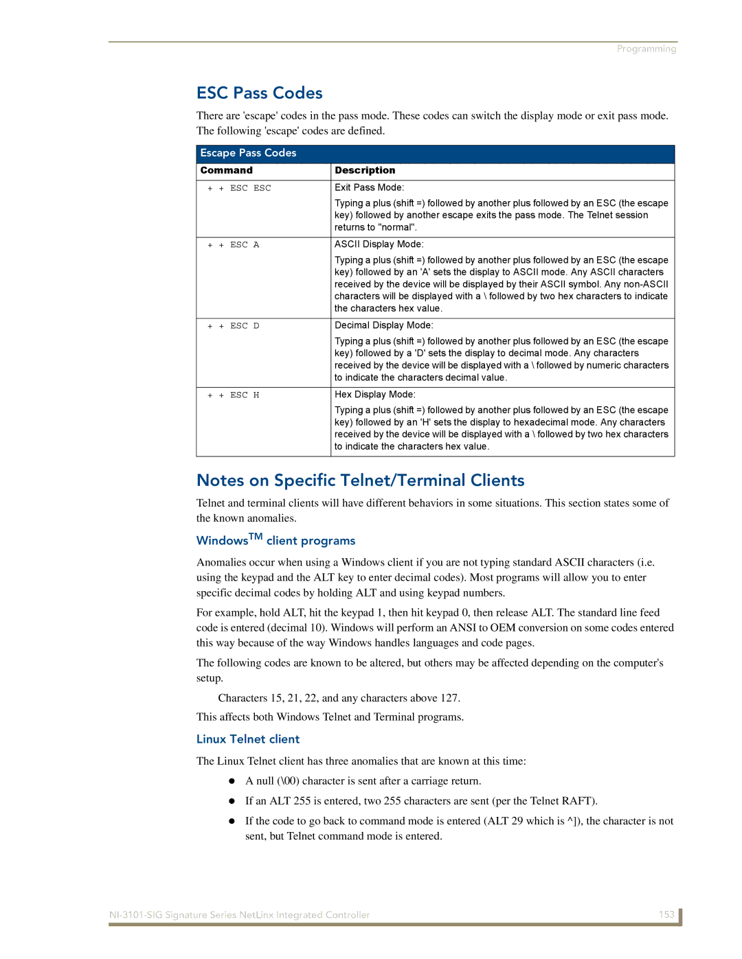 AMX NI-3101-SIG manual ESC Pass Codes, WindowsTM client programs, Linux Telnet client, Escape Pass Codes, + + Esc Esc 
