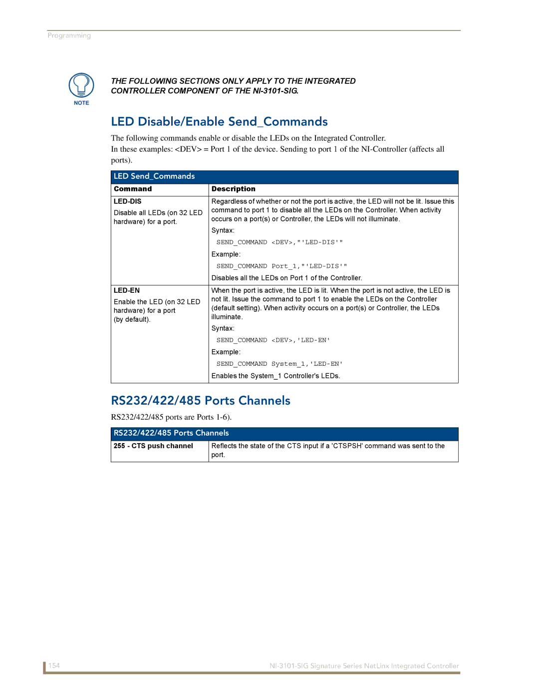 AMX NI-3101-SIG manual LED Disable/Enable SendCommands, RS232/422/485 Ports Channels, RS232/422/485 ports are Ports 