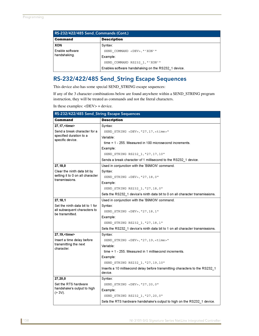 AMX NI-3101-SIG manual RS-232/422/485 SendString Escape Sequences, Xon 