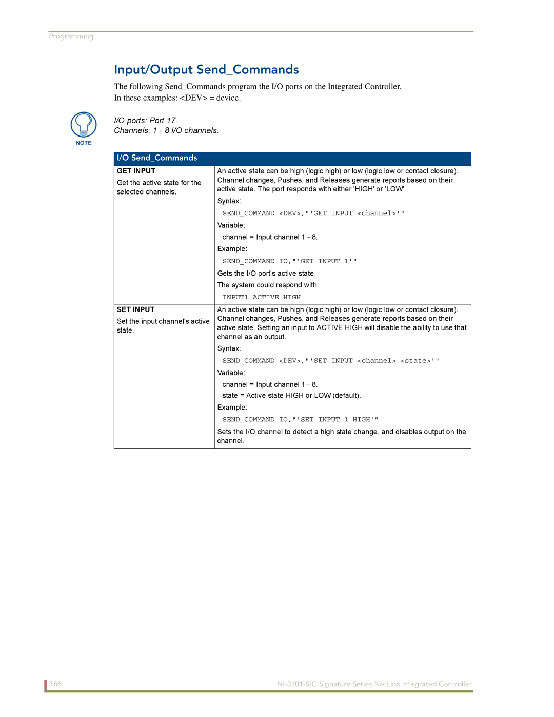 AMX NI-3101-SIG manual Input/Output SendCommands, GET Input, SET Input 