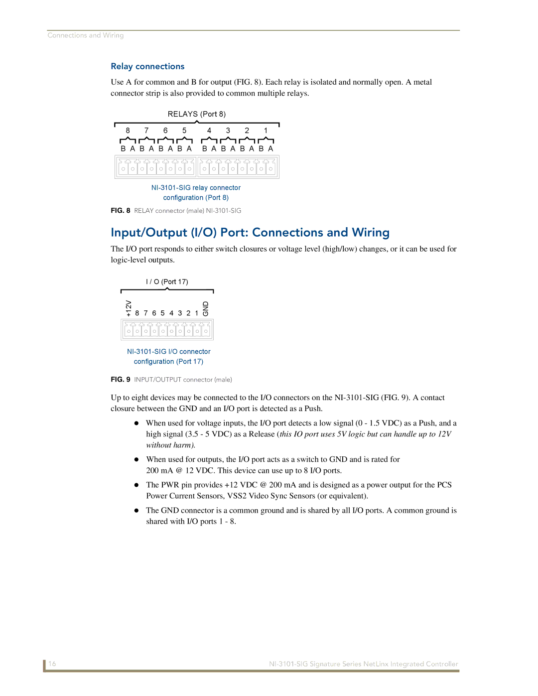 AMX NI-3101-SIG manual Input/Output I/O Port Connections and Wiring, Relay connections, Port +12V 6 5 4 3 2 