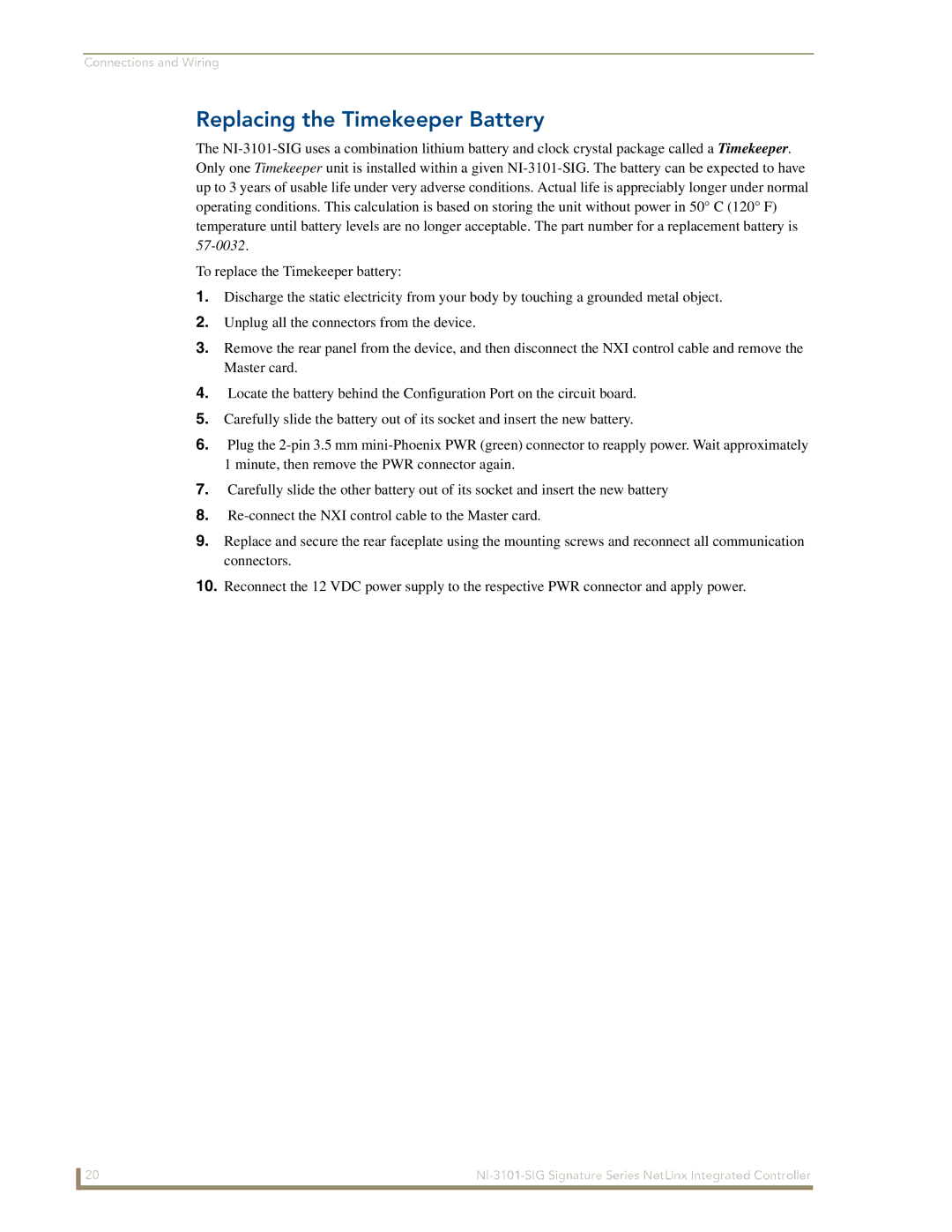 AMX NI-3101-SIG manual Replacing the Timekeeper Battery 