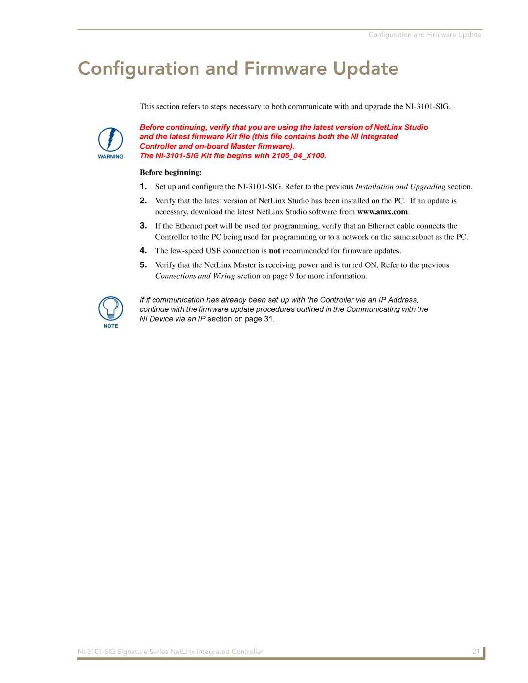 AMX NI-3101-SIG manual Configuration and Firmware Update 