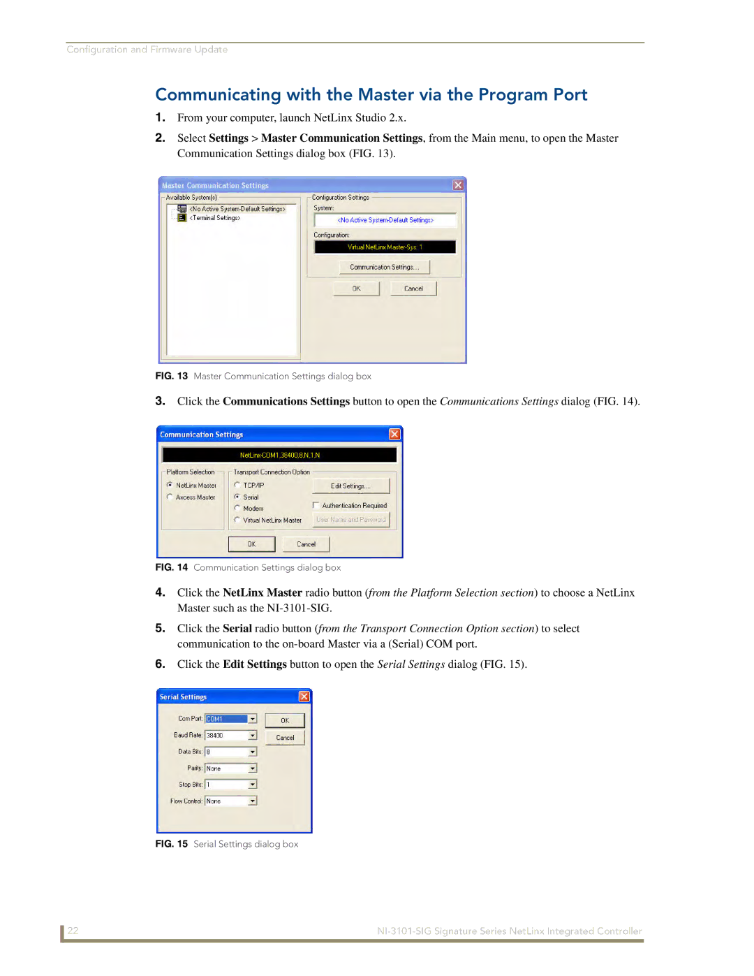 AMX NI-3101-SIG manual Communicating with the Master via the Program Port, Master Communication Settings dialog box 