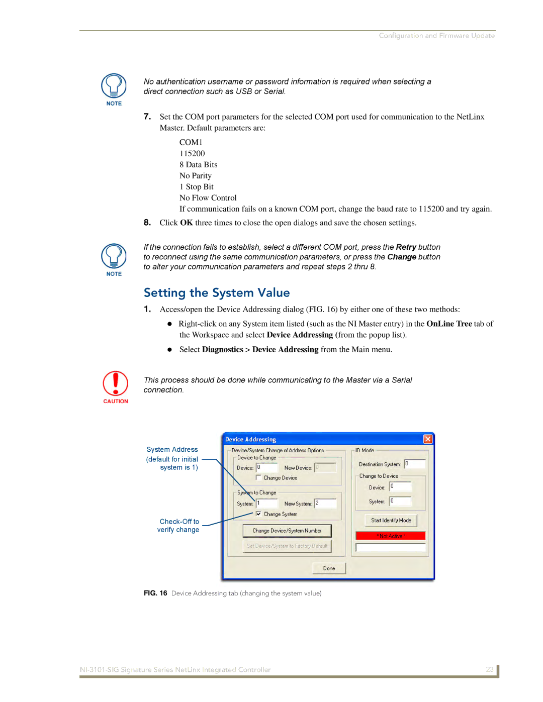 AMX NI-3101-SIG manual Setting the System Value, COM1 