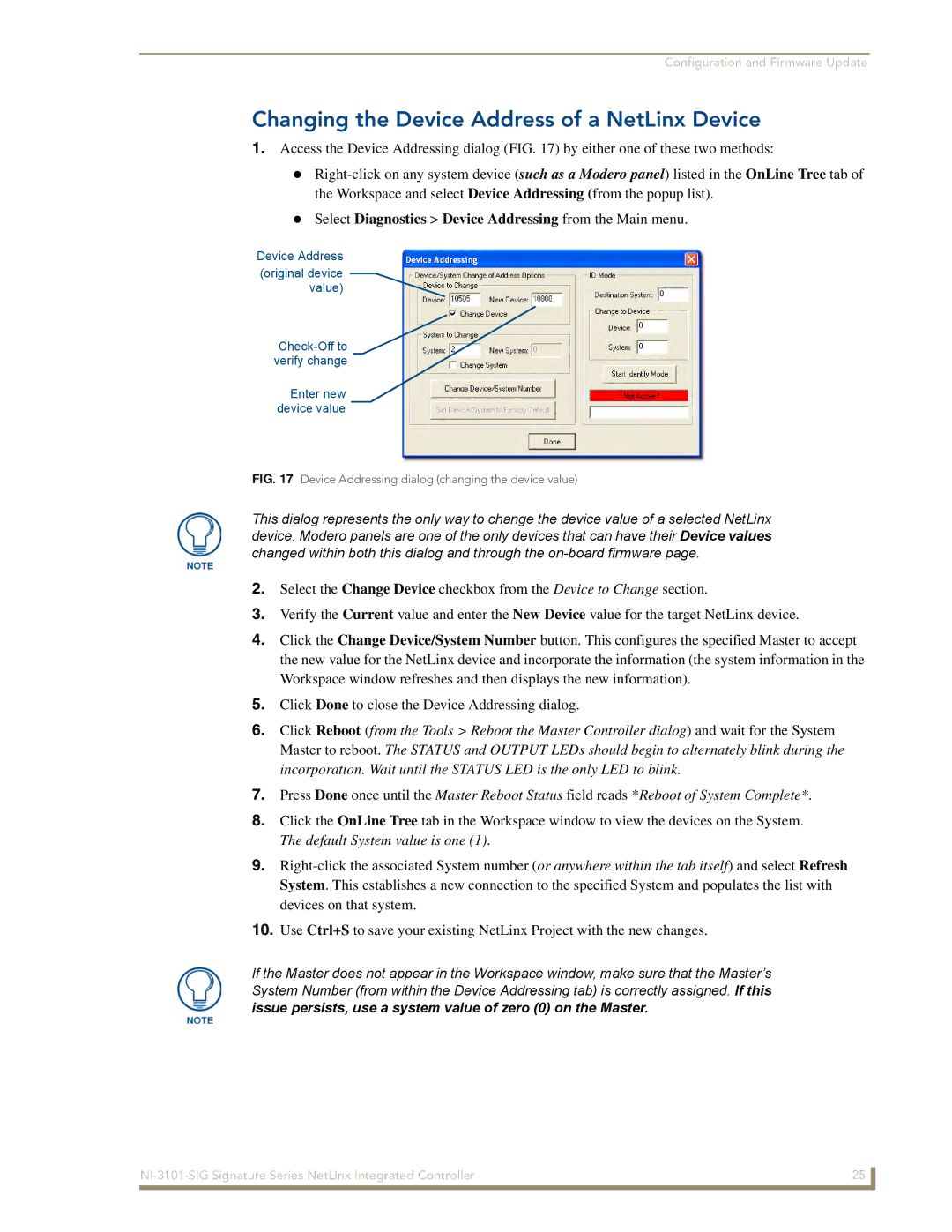 AMX NI-3101-SIG manual Changing the Device Address of a NetLinx Device, Device Addressing dialog changing the device value 