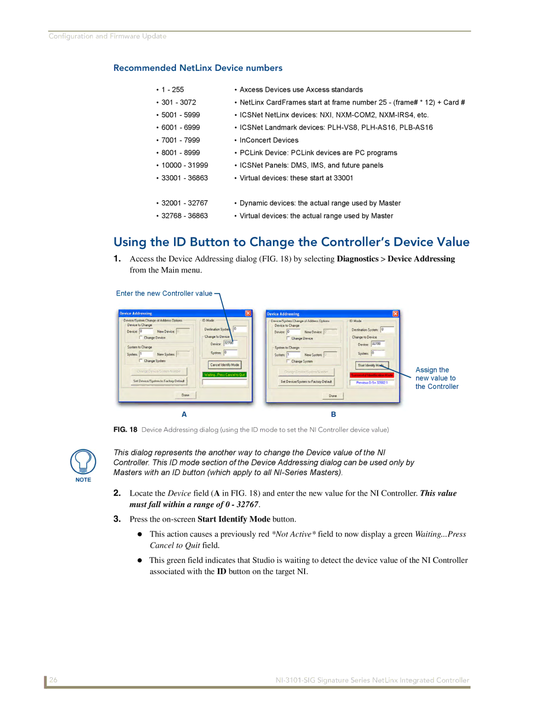 AMX NI-3101-SIG manual Using the ID Button to Change the Controller’s Device Value, Recommended NetLinx Device numbers, 301 