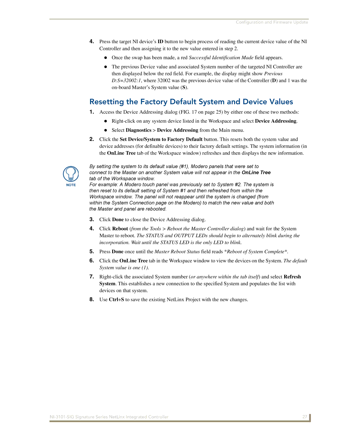 AMX NI-3101-SIG manual Resetting the Factory Default System and Device Values 