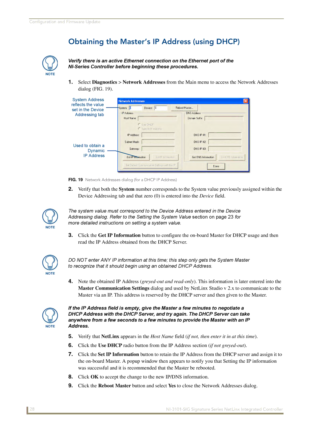 AMX NI-3101-SIG manual Obtaining the Master’s IP Address using Dhcp, Network Addresses dialog for a Dhcp IP Address 