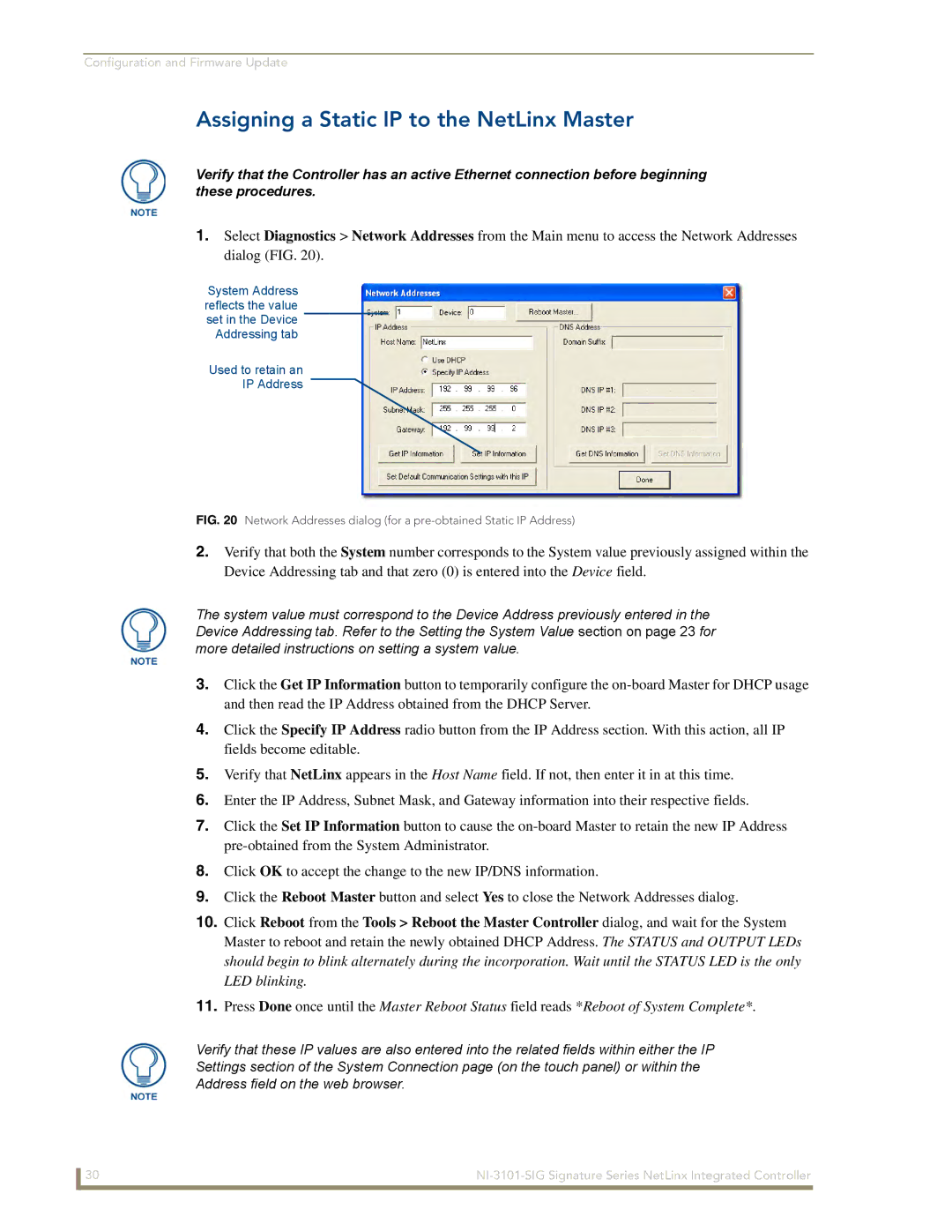 AMX NI-3101-SIG manual Assigning a Static IP to the NetLinx Master 