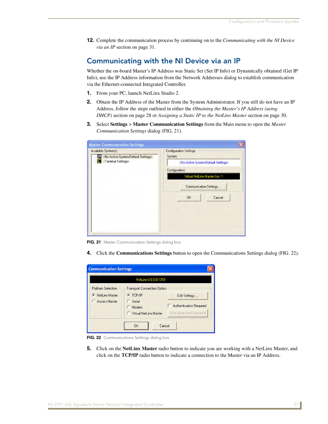 AMX NI-3101-SIG manual Communicating with the NI Device via an IP, Communications Settings dialog box 