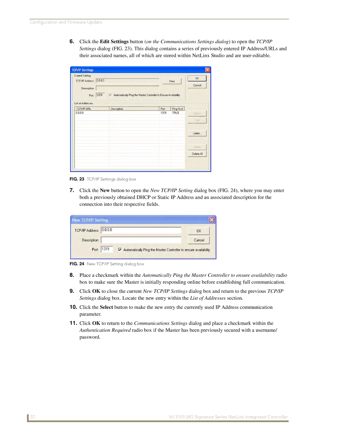 AMX NI-3101-SIG manual TCP/IP Settings dialog box 