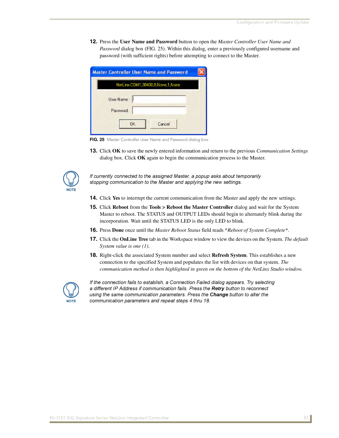 AMX NI-3101-SIG manual Master Controller User Name and Password dialog box 