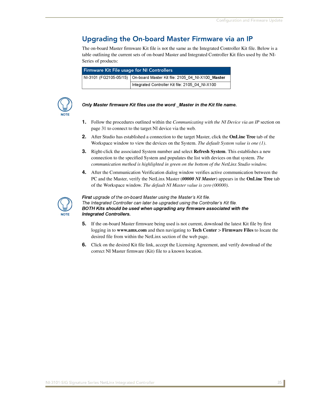 AMX NI-3101-SIG manual Upgrading the On-board Master Firmware via an IP, Firmware Kit File usage for NI Controllers 