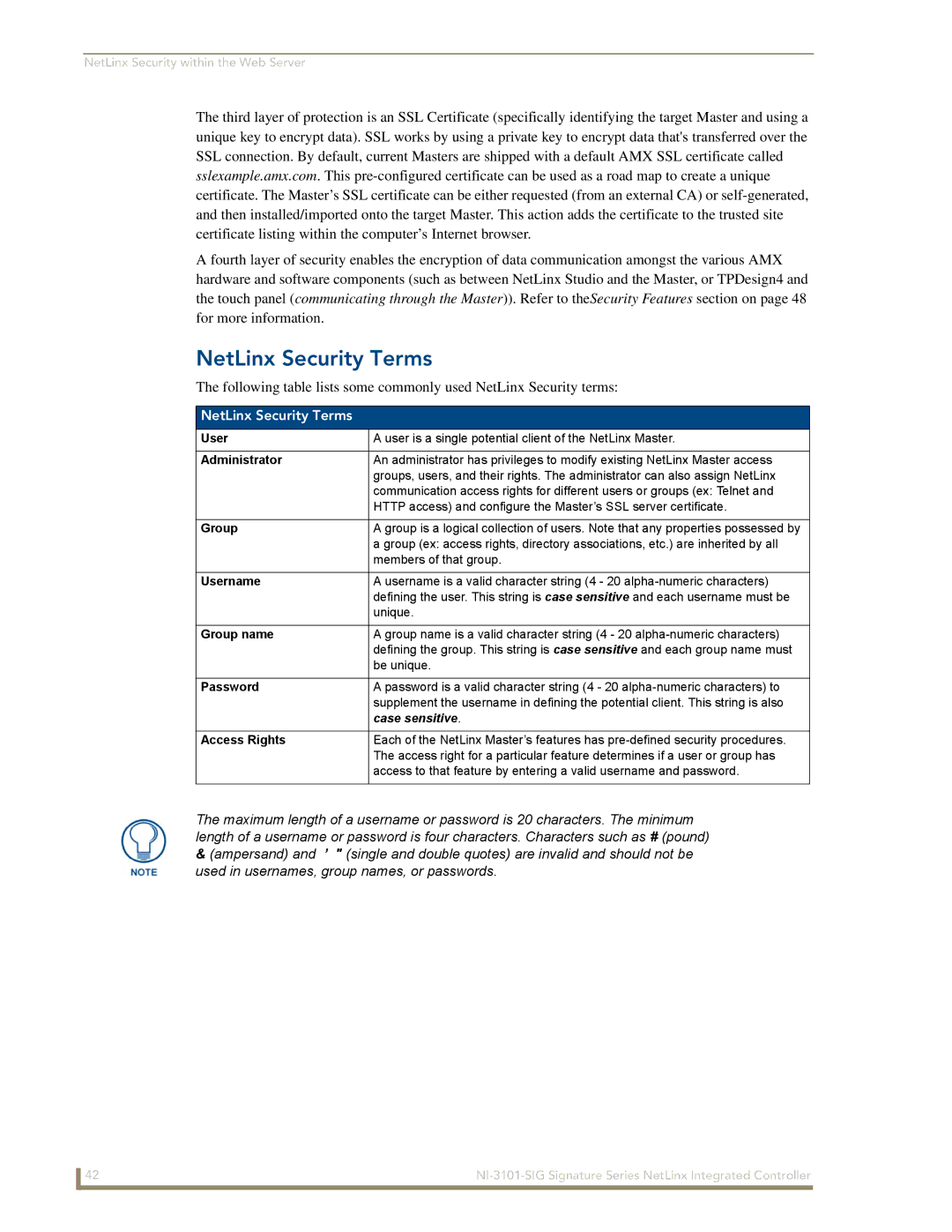 AMX NI-3101-SIG manual NetLinx Security Terms, Case sensitive 