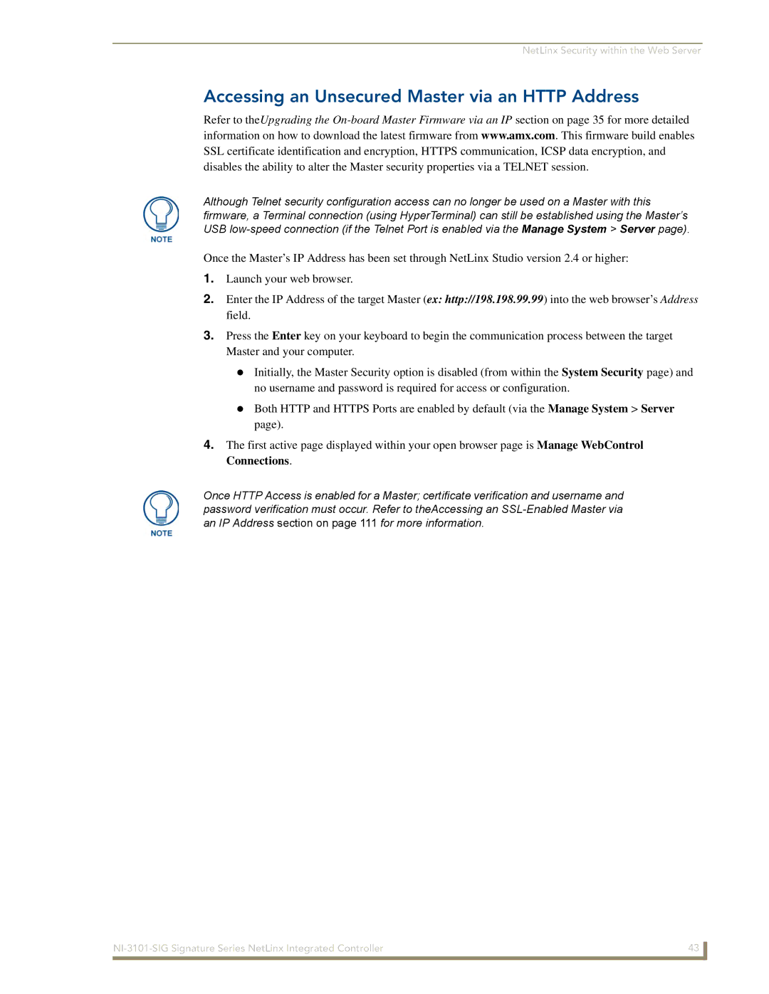 AMX NI-3101-SIG manual Accessing an Unsecured Master via an Http Address 