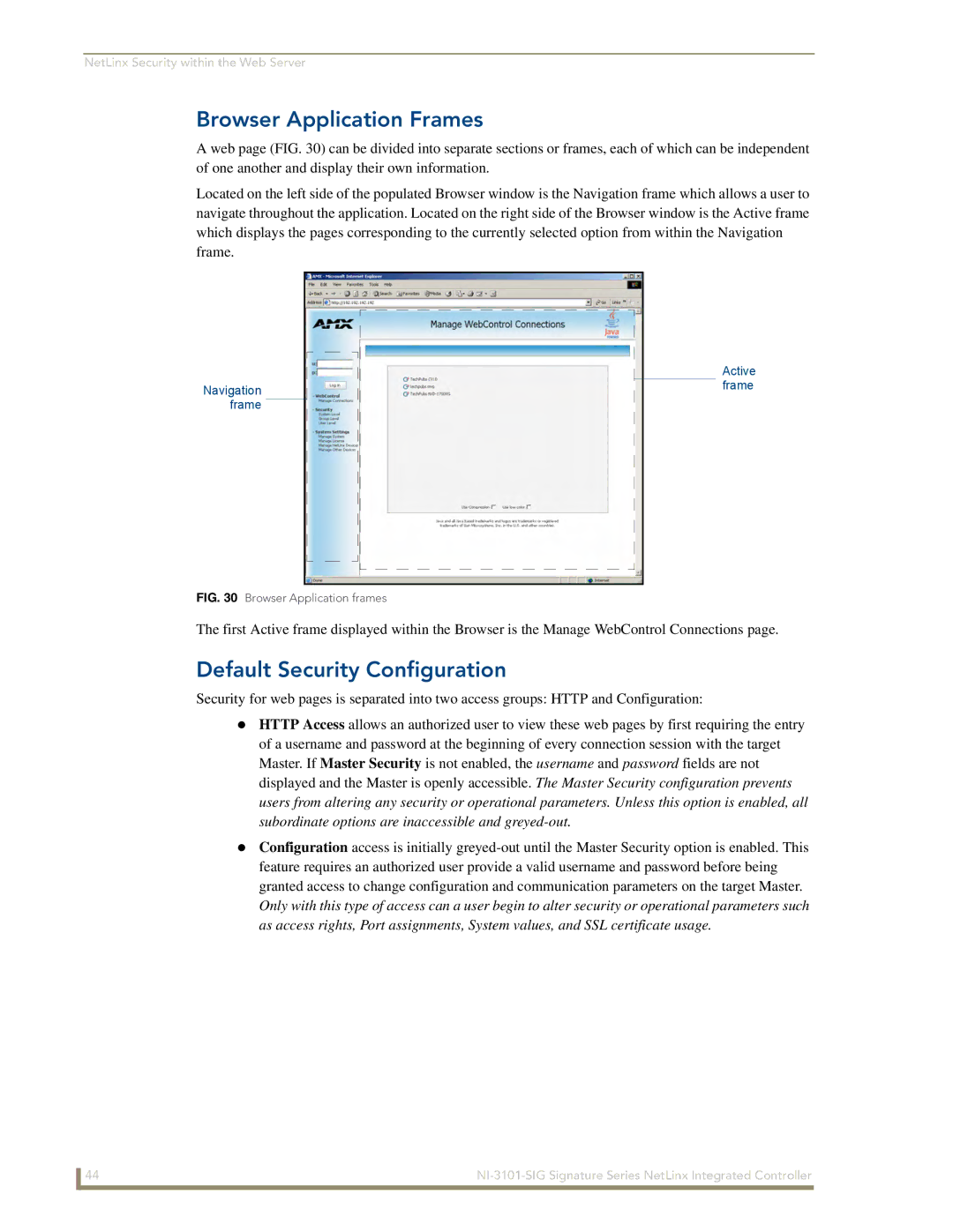 AMX NI-3101-SIG manual Browser Application Frames, Default Security Configuration 