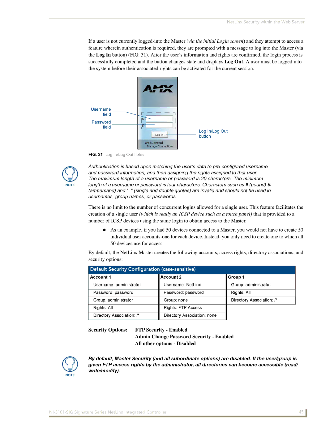 AMX NI-3101-SIG manual Default Security Configuration case-sensitive, Account Group 