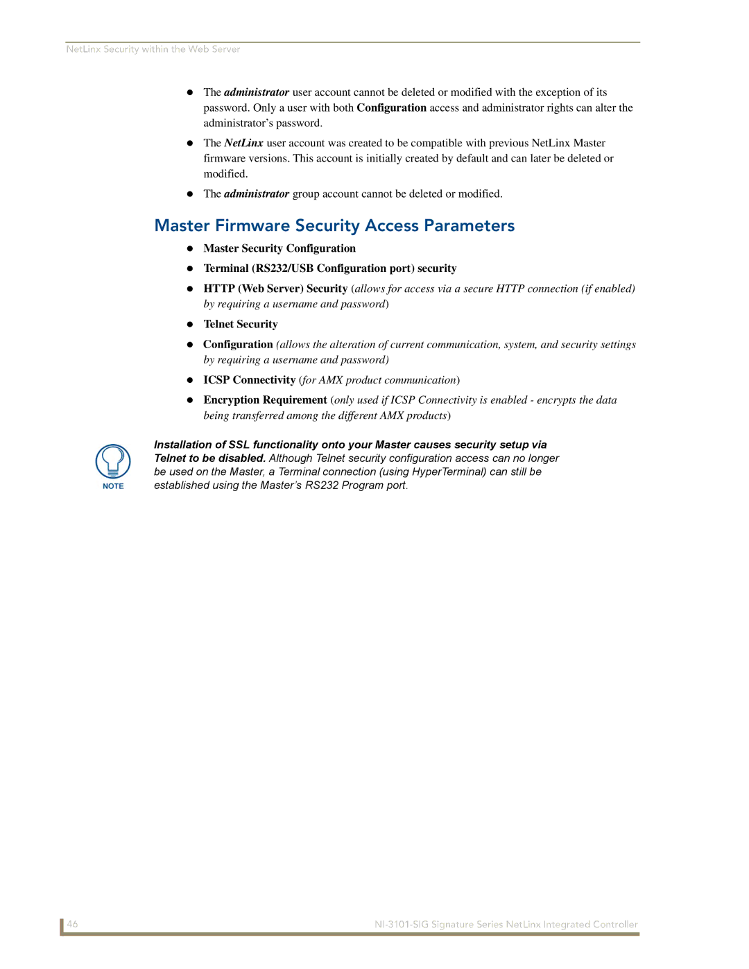 AMX NI-3101-SIG manual Master Firmware Security Access Parameters, Telnet Security 