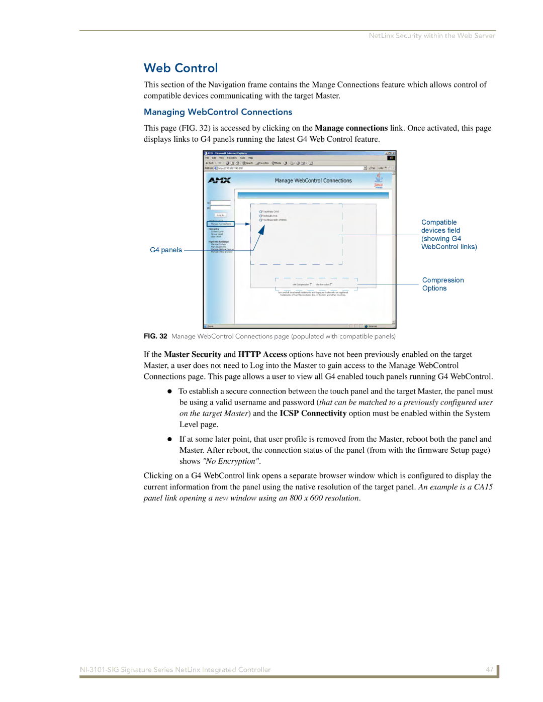 AMX NI-3101-SIG manual Web Control, Managing WebControl Connections 