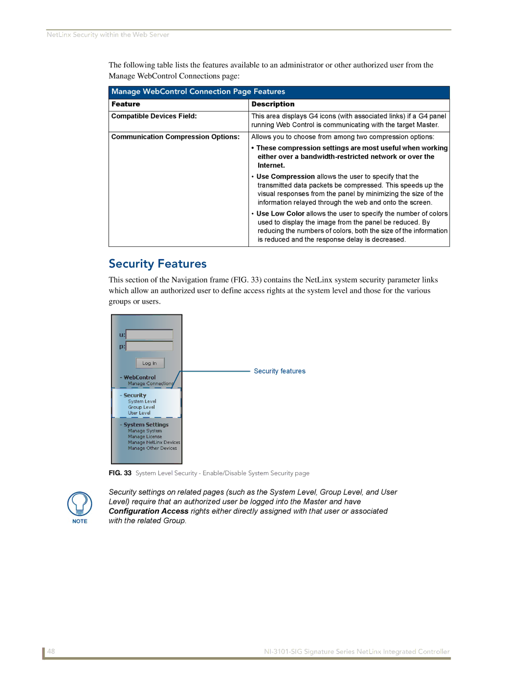 AMX NI-3101-SIG manual Security Features, Manage WebControl Connection Page Features, Internet 