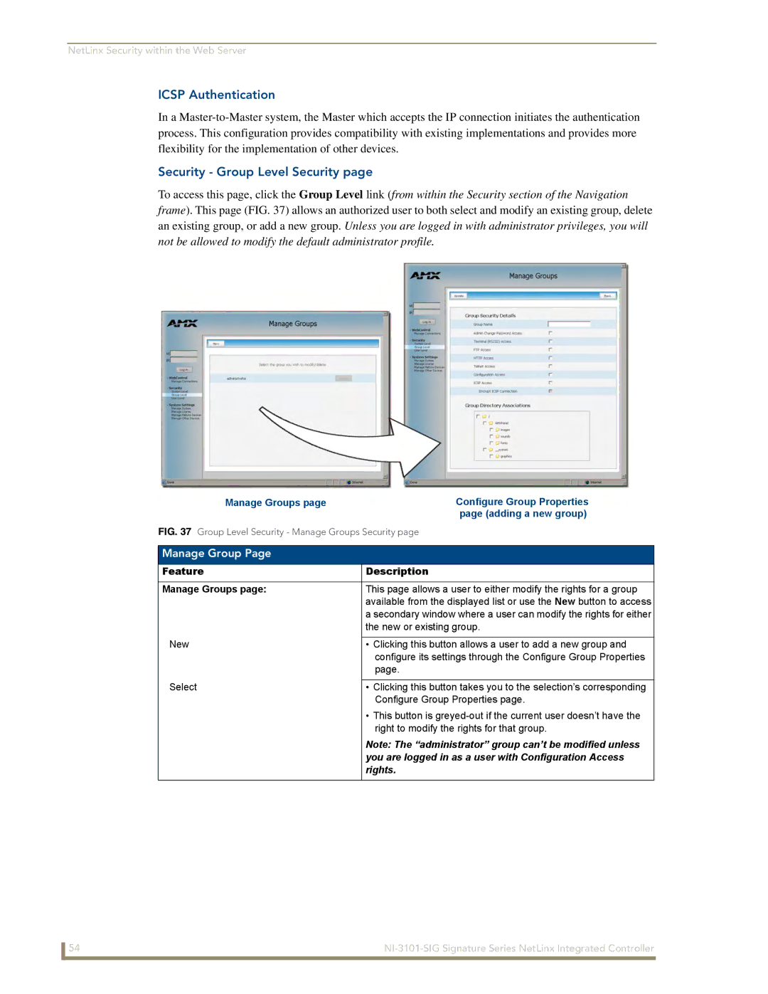 AMX NI-3101-SIG manual Icsp Authentication, Security Group Level Security, Manage Group, Rights 