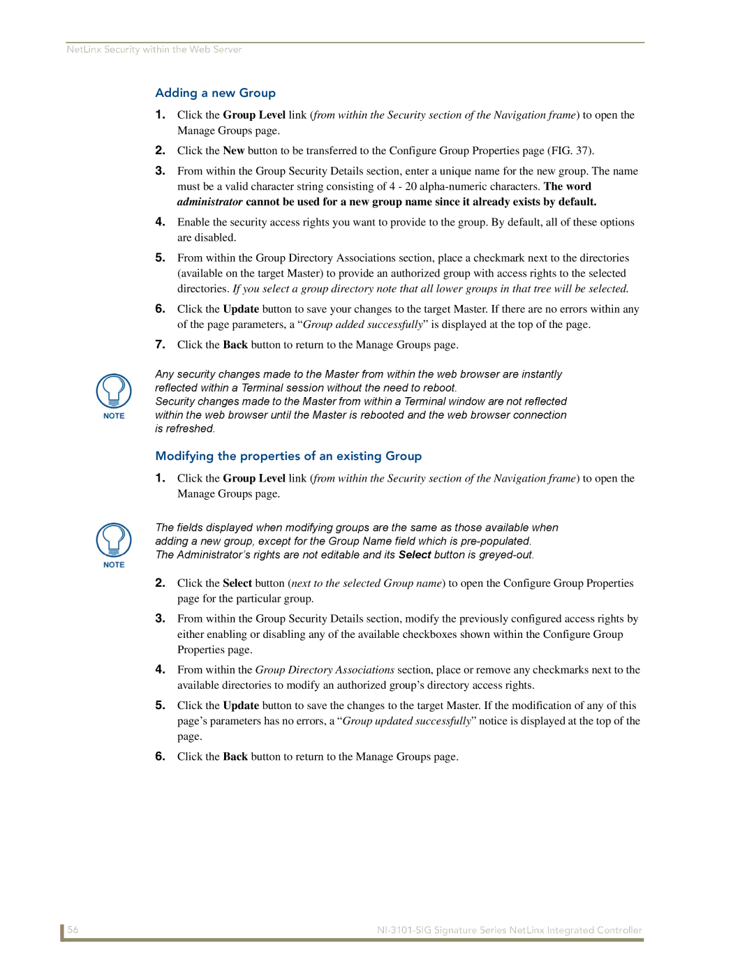 AMX NI-3101-SIG manual Adding a new Group, Modifying the properties of an existing Group 