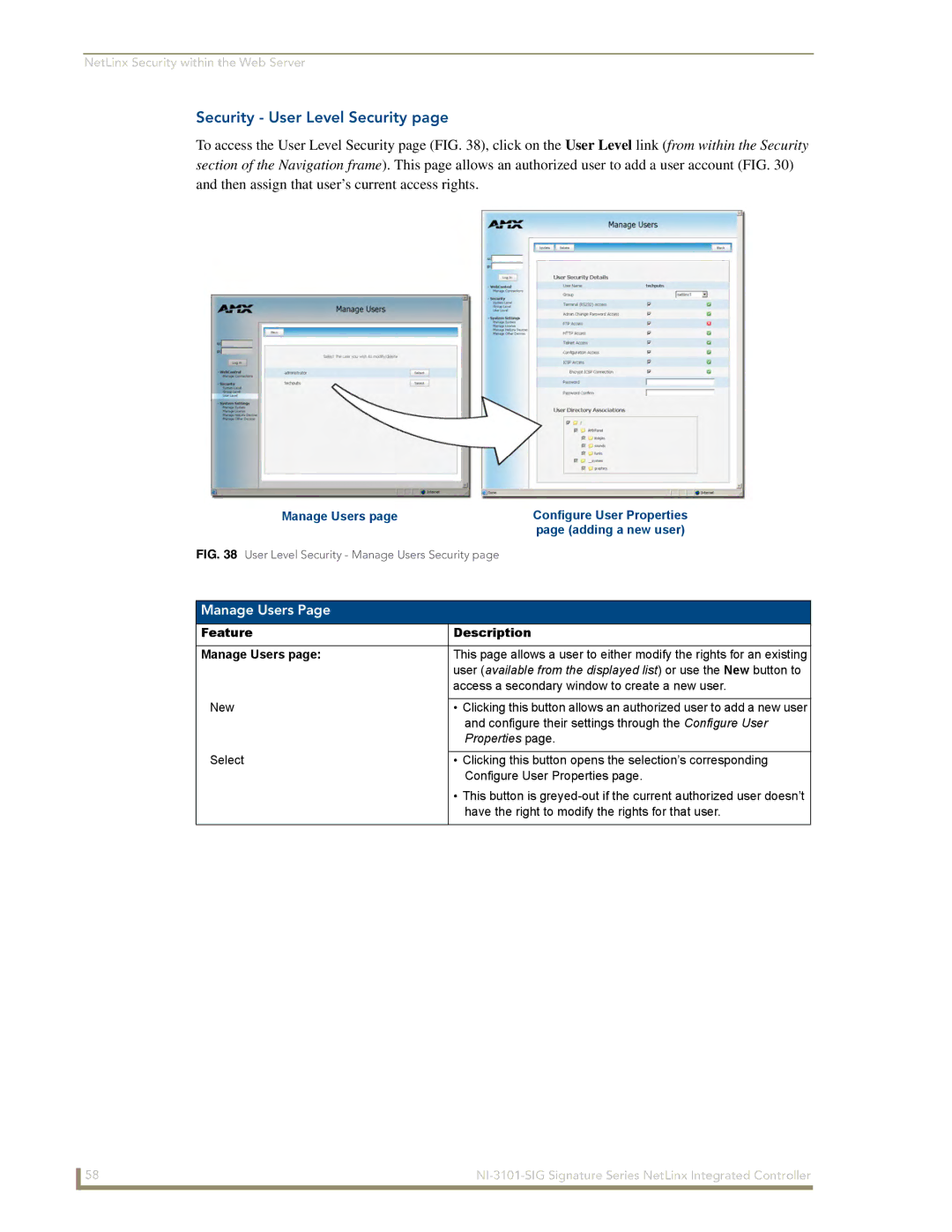 AMX NI-3101-SIG manual Security User Level Security, Feature Description Manage Users 