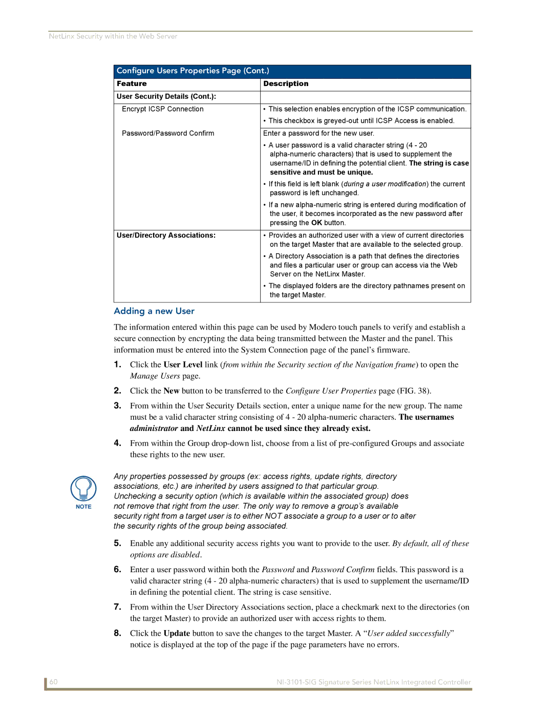 AMX NI-3101-SIG manual Adding a new User, Configure Users Properties, Feature Description User Security Details 