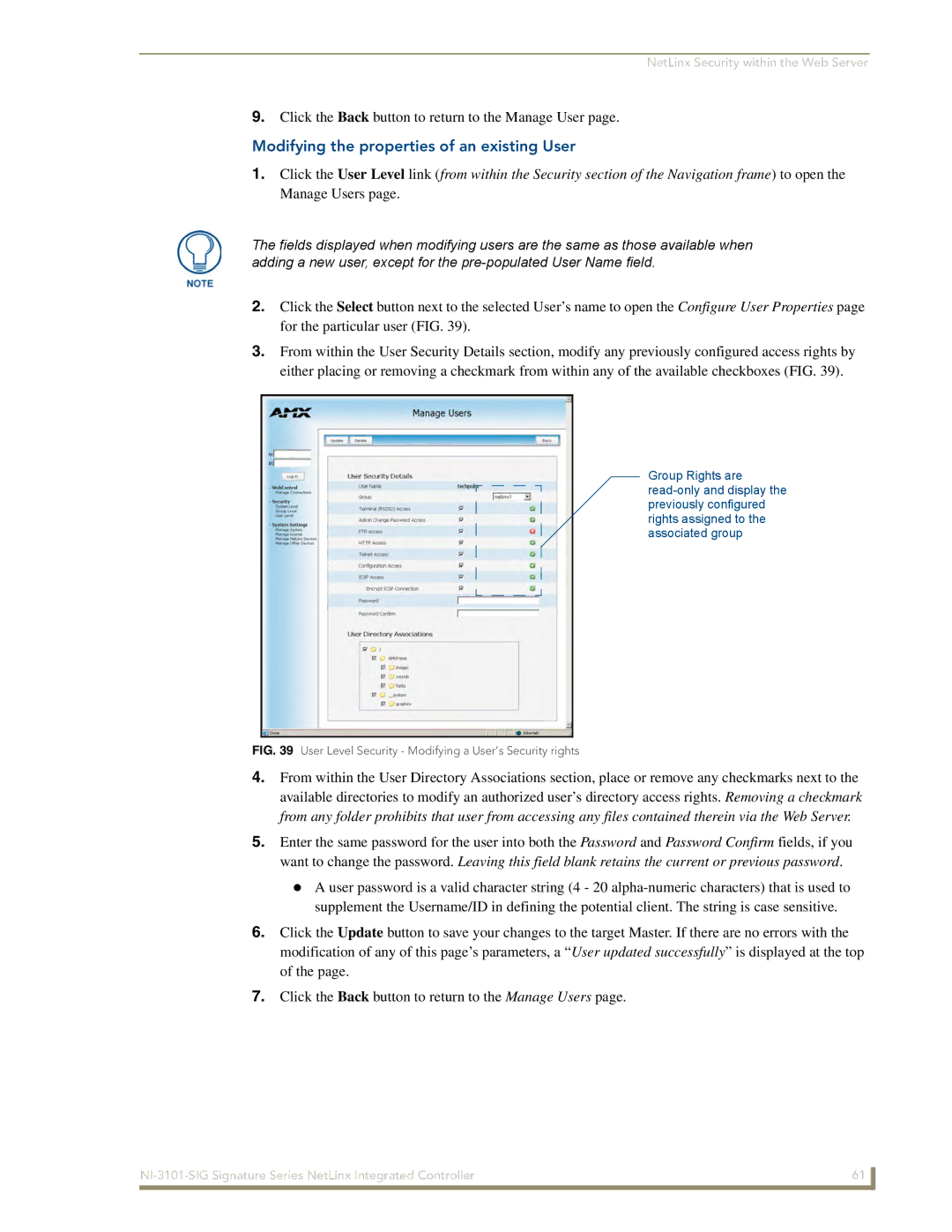 AMX NI-3101-SIG manual Click the Back button to return to the Manage User, Modifying the properties of an existing User 