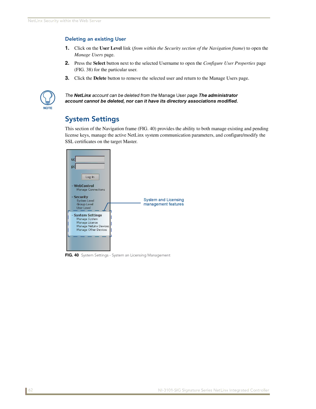 AMX NI-3101-SIG manual System Settings, Deleting an existing User 