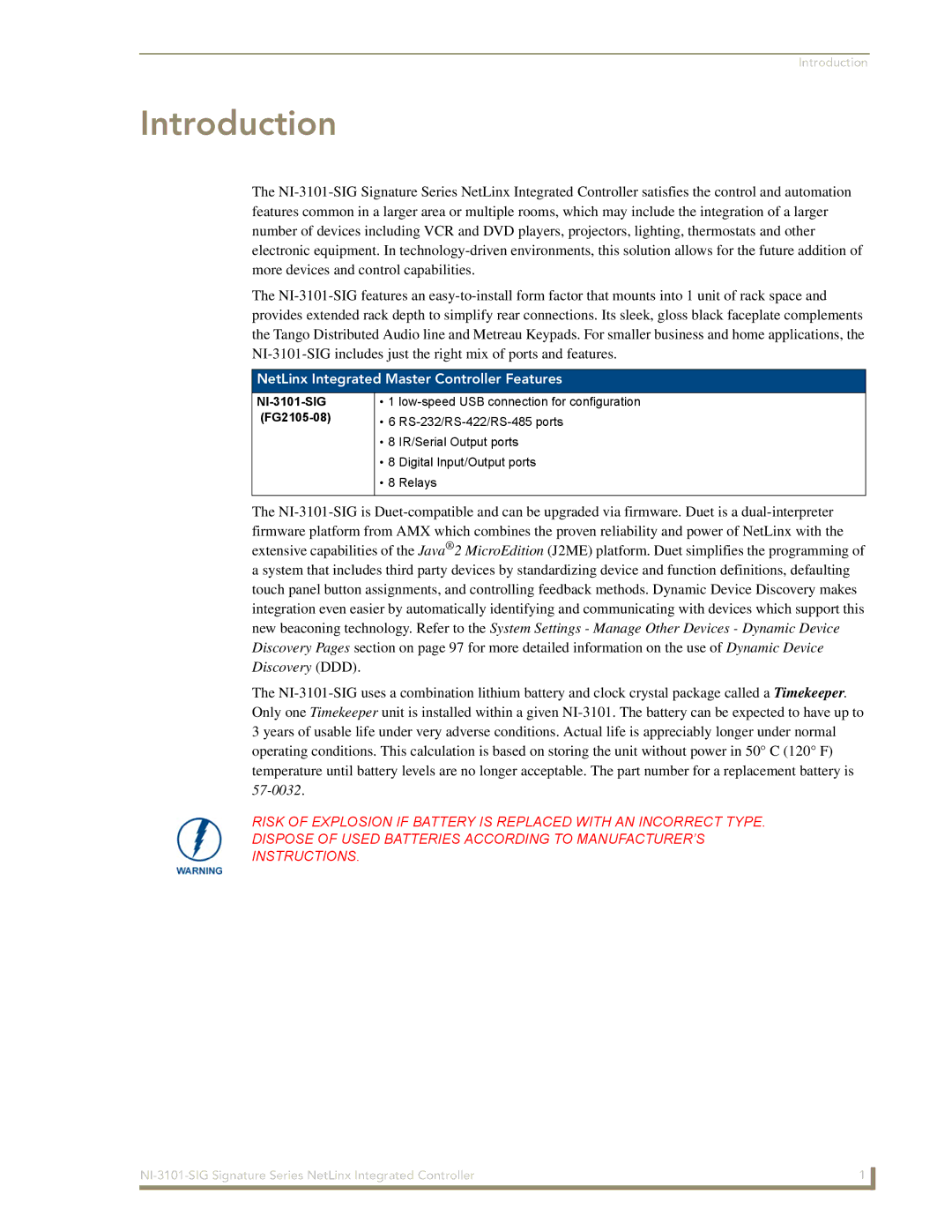 AMX manual NetLinx Integrated Master Controller Features, NI-3101-SIG FG2105-08 