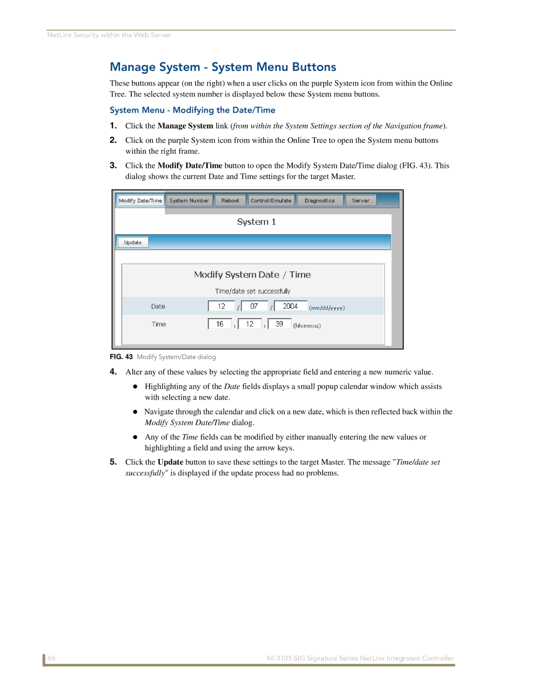 AMX NI-3101-SIG manual Manage System System Menu Buttons, System Menu Modifying the Date/Time 