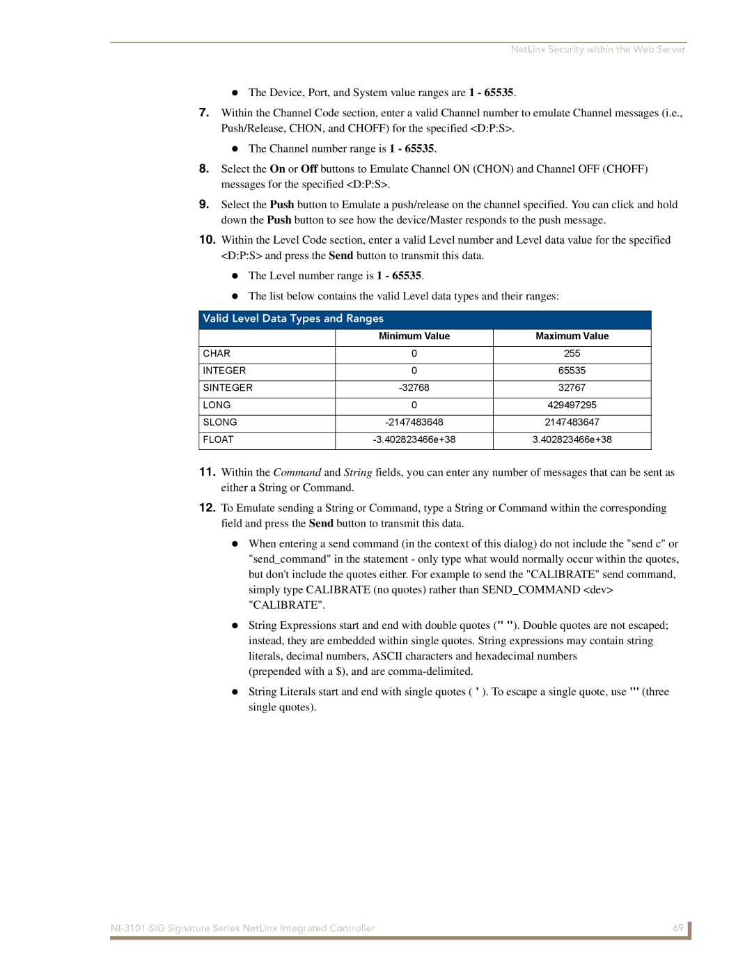 AMX NI-3101-SIG manual Valid Level Data Types and Ranges, Minimum Value Maximum Value 