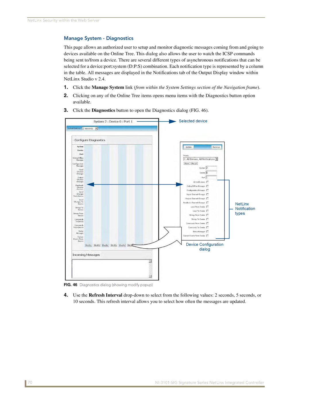 AMX NI-3101-SIG manual Manage System Diagnostics, Diagnostics dialog showing modify popup 