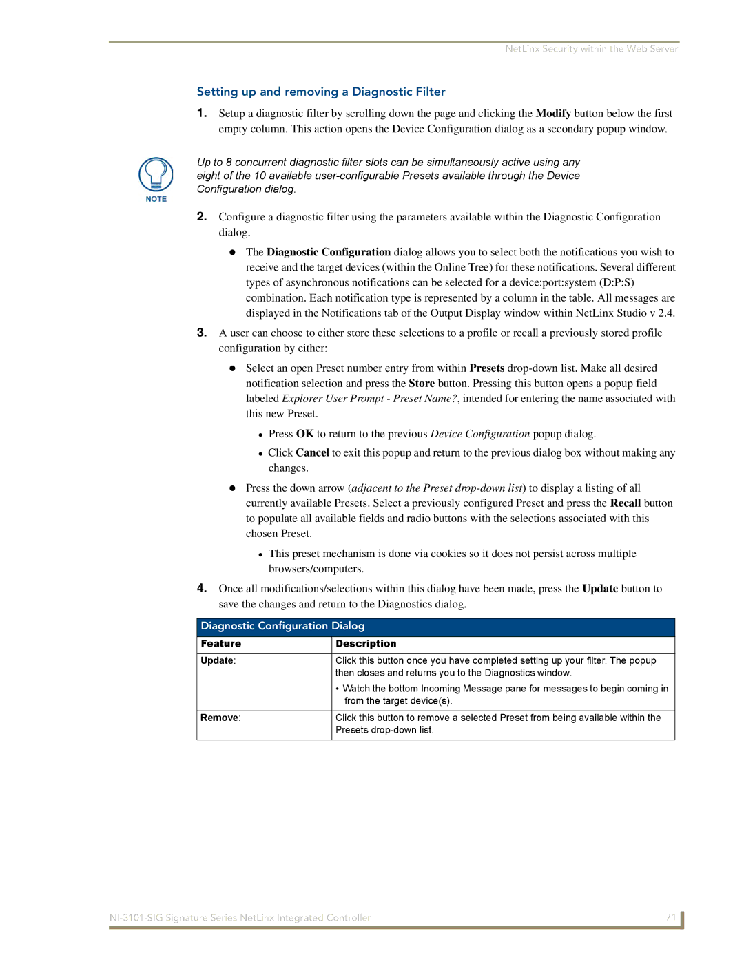 AMX NI-3101-SIG manual Setting up and removing a Diagnostic Filter, Diagnostic Configuration Dialog 