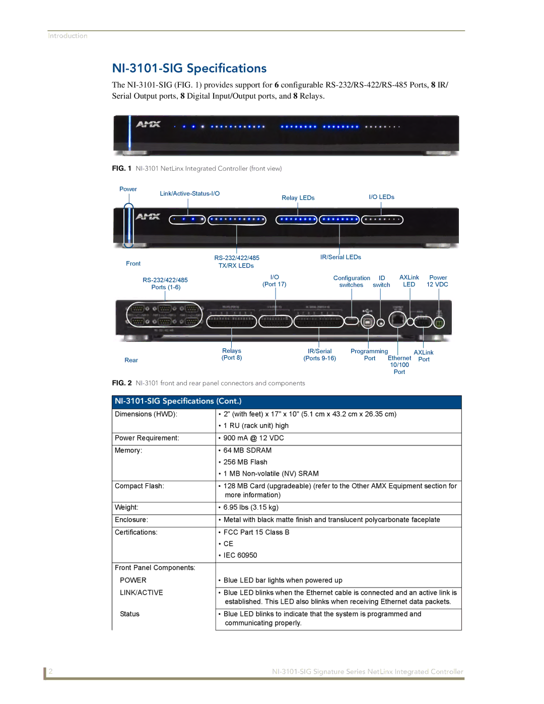 AMX manual NI-3101-SIG Specifications, MB Flash, MB Non-volatile NV Sram, Blue LED bar lights when powered up 