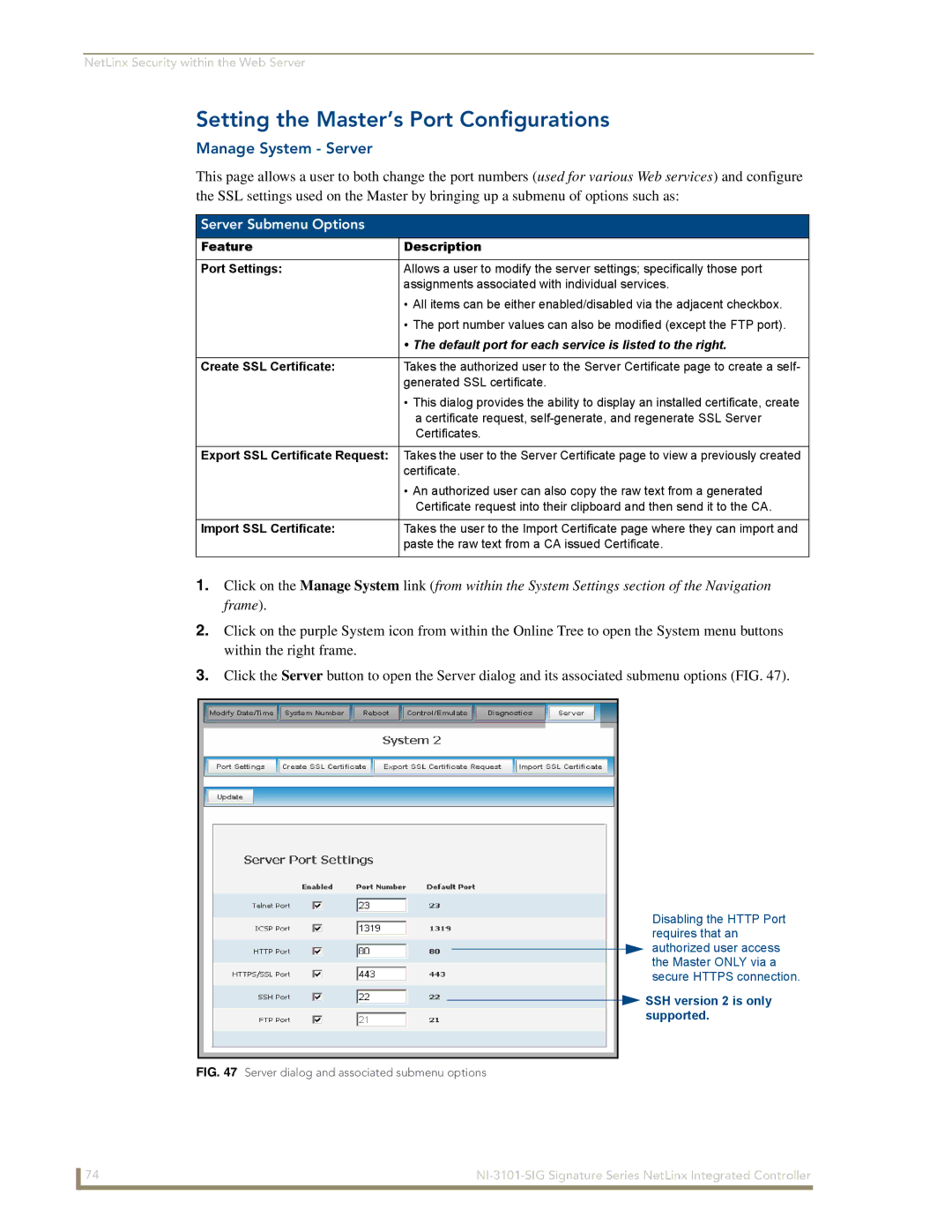 AMX NI-3101-SIG manual Setting the Master’s Port Configurations, Manage System Server, Server Submenu Options 