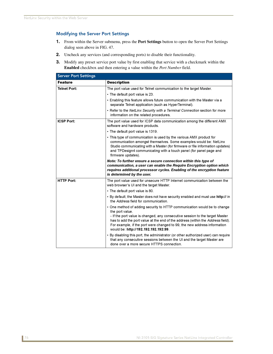 AMX NI-3101-SIG manual Modifying the Server Port Settings, Is determined by the user 