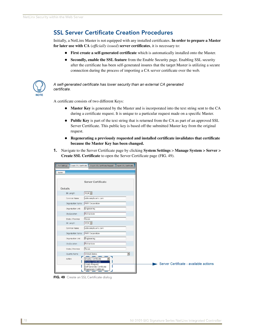 AMX NI-3101-SIG manual SSL Server Certificate Creation Procedures, Certificate consists of two different Keys 