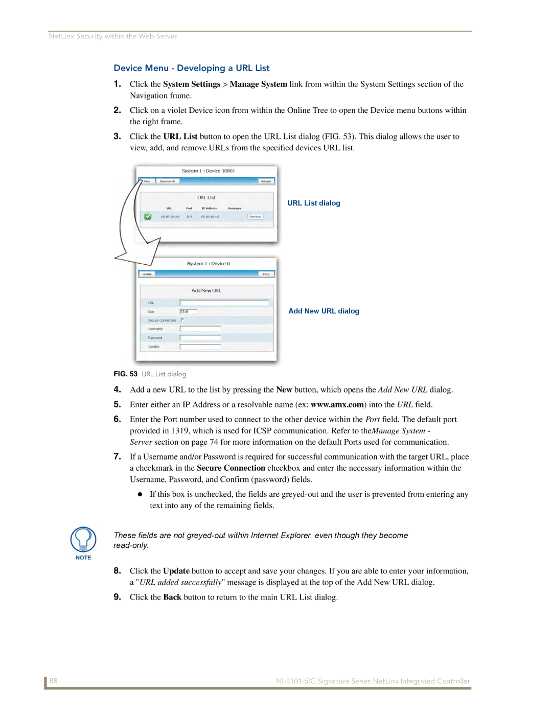 AMX NI-3101-SIG manual Device Menu Developing a URL List, Click the Back button to return to the main URL List dialog 