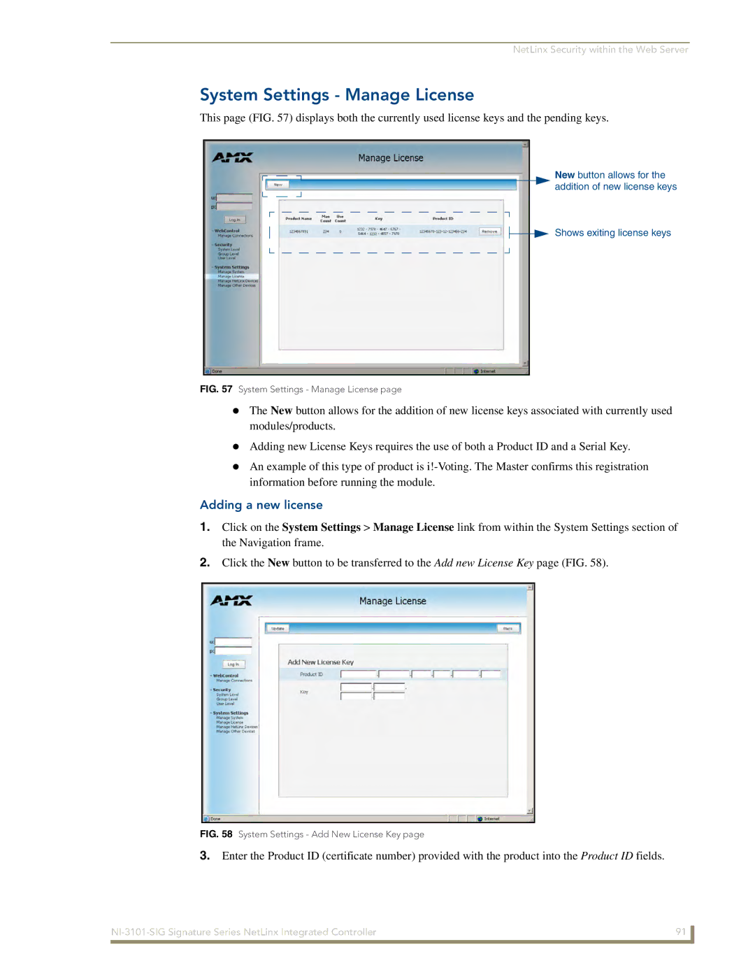 AMX NI-3101-SIG manual System Settings Manage License, Adding a new license 