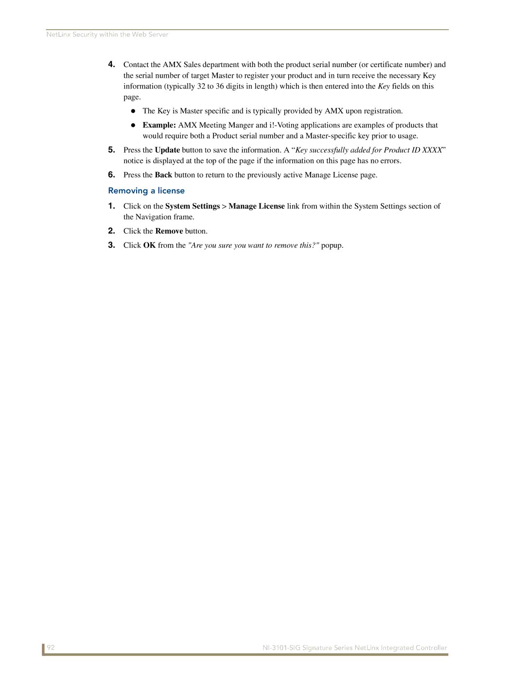 AMX NI-3101-SIG manual Removing a license 