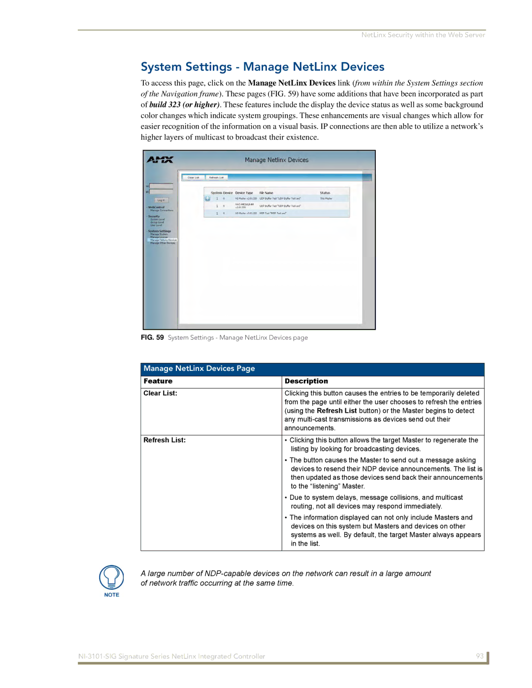 AMX NI-3101-SIG manual System Settings Manage NetLinx Devices, Feature Clear List Refresh List Description 